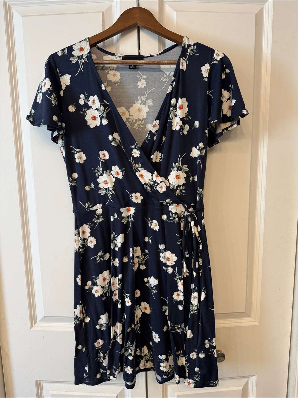 Wrap-Front Navy Floral Mini Dress with Tie Waist